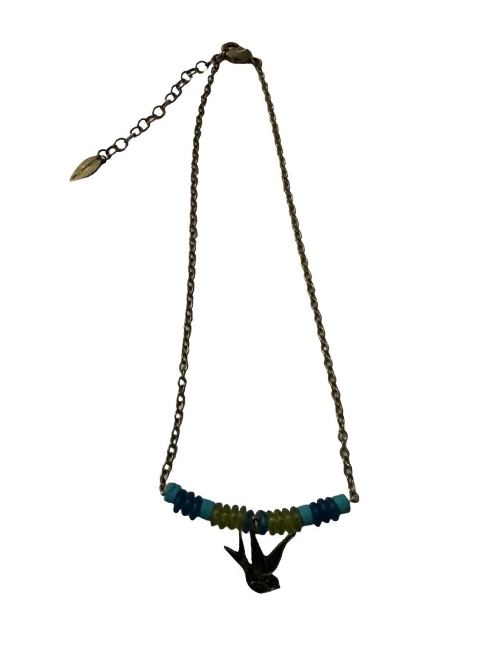 Coldwater Creek Swallow Bird Charm Necklace Blue Green Beads 16 Inch